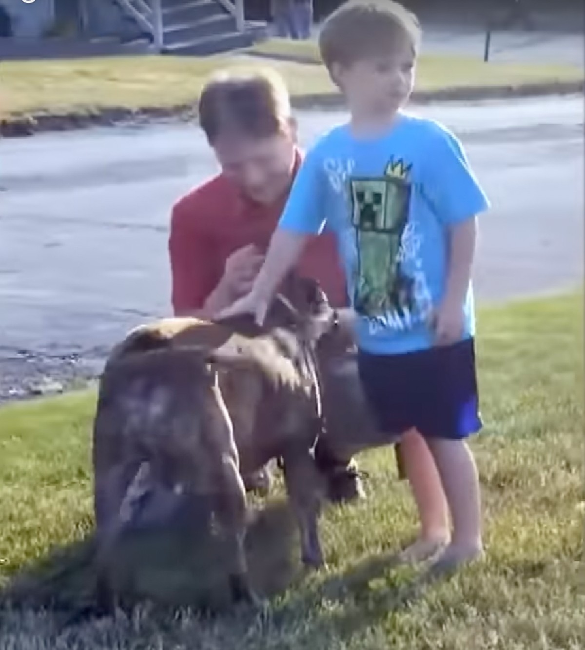 Man and boy petting dog